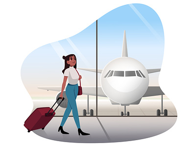 Woman with a suitcase at the airport 2d 2d art airport background cartoon digital illustration dribbble illustration landscape people plane sky vector