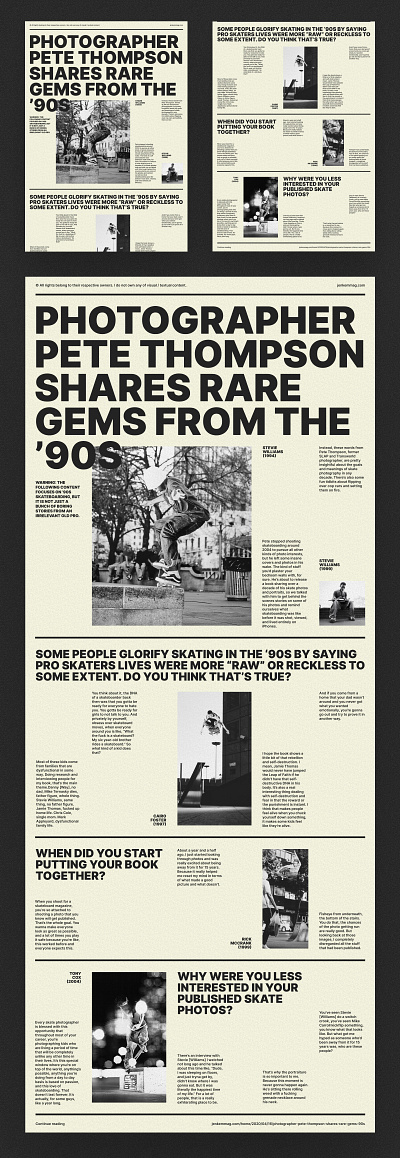 '90s skateboarding big font black clean header heading hero layout magazine minimal newspaper photo photography retro sepia simple skateboarding typography white whitespace yellow