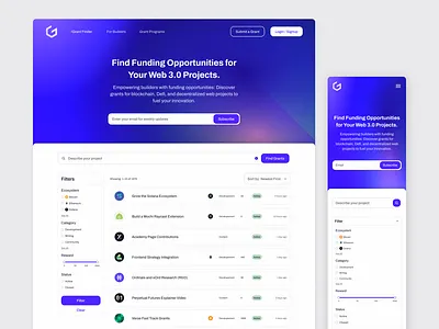 Grant Database for Web 3.0 Projects database filter gradient gradientmesh mobile product search ui web3.0 website