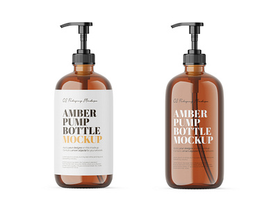 Amber Glass Pump Bottle - PSD Mockup 3d amber blender 3d bottle cosmetic editable front view glass mockup package packaging photoshop product psd pump soap bottle template visualization