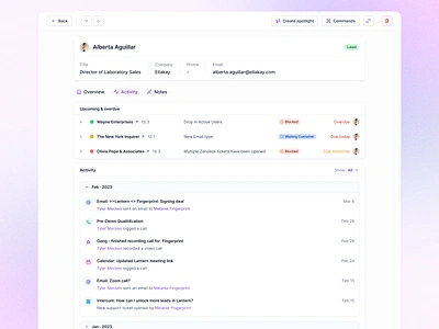 Lead profile view activity activity feed apollo crm due tomorrow feed hubspot lead lead generation lusha outreach overdue profile sales salesforce salesloft tasks todo user profile zoominfo