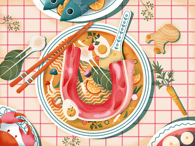 Umami 36daysoftype adobe bowl chopsticks egg flatdesign food illustration illustrator meal muti noodles photoshop pink ramen typeillustration u vector