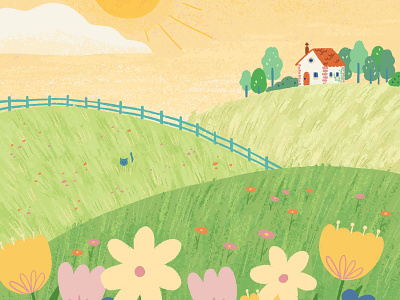 Spring is in the Air children cute fields flowers fun illustration kidlit landscape mountains nature procreate small house spring sun sunny day