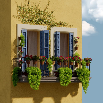 Spring Balcony Barcelona 3d 3dart animation balcony barcelona blender c4d design flat green illustration motion graphics octane plants redshift render roses set spring