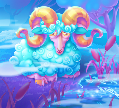 RAM 2d blue cartoon casualgame characters cute drawing environment gameart gold horns illustration night photoshop ram