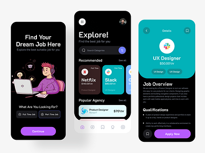 Job finder App UI(Dark version) app app design awe career freelance marketplace hiring ios job job application job board job finder job listing job portal job search mobile app resume