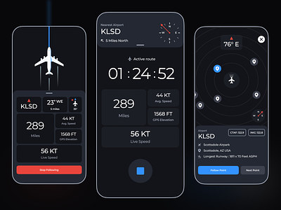 Live Flight – App for Pilots airport aviator bottom sheet colors compass dark dashboard direction flyer gps minimal mobile pro route sky speed ui ux vehicle