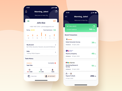 Profile Page, Wallet Page, Task Tracker account balance dashboard dashboard design design designers interface mobile application mobile screen mobile view my account my profile performance racker profile page task tracker ui ui design ui ux ux design wallet page website design