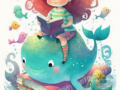 Little mermaid reading books / 2d cartoon illustration cartoon design graphic design illustration vector