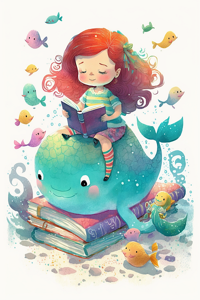 Little mermaid reading books / 2d cartoon illustration cartoon design graphic design illustration vector