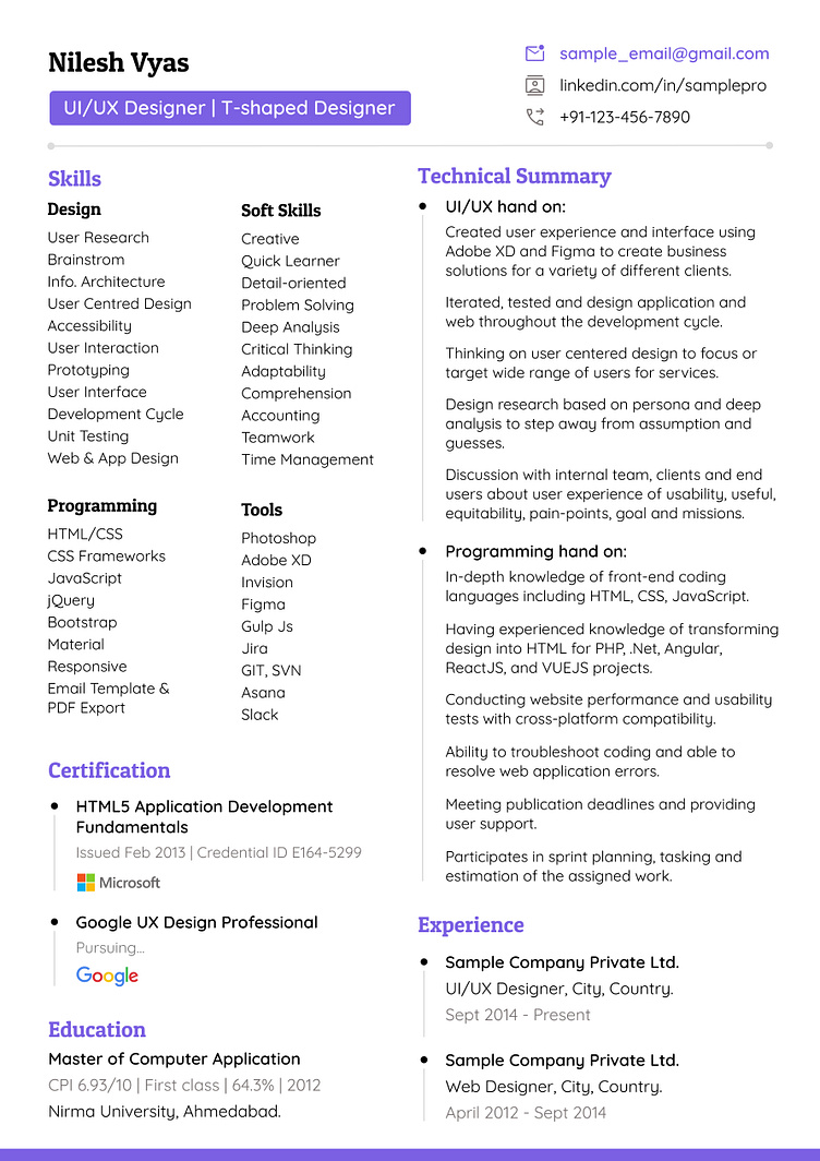 UI/UX Designer Resume by Nilesh Vyas on Dribbble