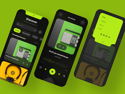 Podcast app - dark mode app design application graphic design live streaming menu minimal mobile modern music app music player music ui music user interface player podcast podcasts product spotify streaming app ui ux