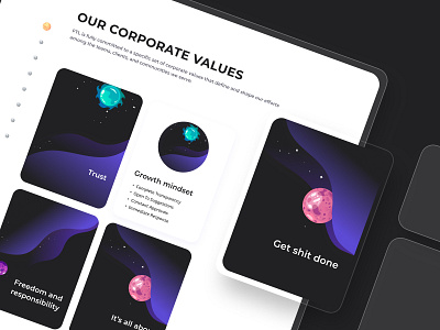 Faster Than Light website redesign amorphous style cards design cards with illustrations corporate values design corporate values section it industry space style user interface design waves in ui web site design