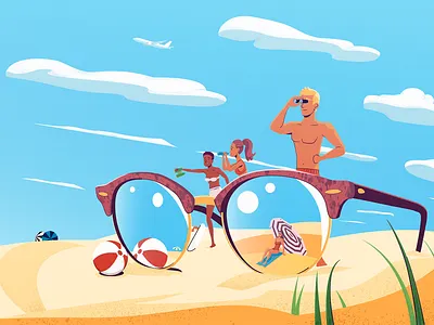 Checking out the beach beach blue sky character design illustration sand summer sunglasses swimgear traveling trip vacation