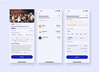 Donation / Fundraising mobile app - crypto payment crypto design donation fundraising mobileapp ui ux wallet wallet app