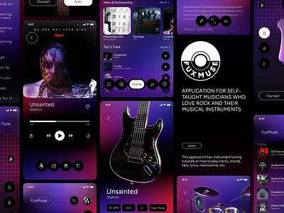 FuxMuse - music app 3d albums chords drums guitar lyrick mobile app music new piano player rock tabs track ui vocal