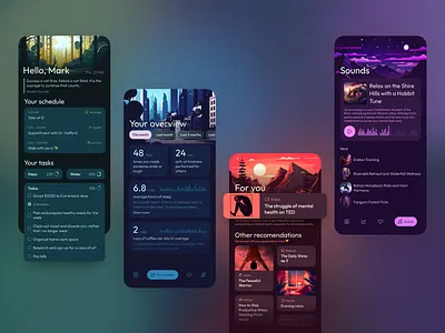 AI Assistant App Concept activity ai app calm chart dark theme illustration midjourney mobile sounds ui to do list tracker wellbeing wellness