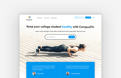 CampusFit Landing page app branding clean college crisp design digital design exercise graphic design healthy landing page minimal testimonials typography ui ux working out