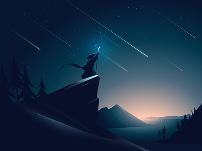 Falling stars illustration landscape light magic mountain night sky star vector wizard