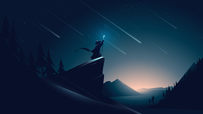Falling stars illustration landscape light magic mountain night sky star vector wizard