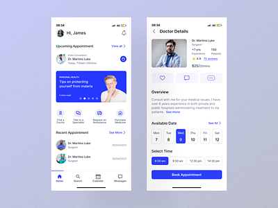 Telehealth appointment booking app mobile ui