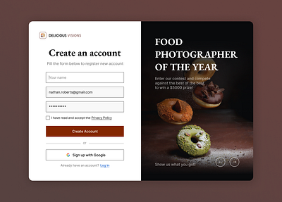 Photography Contest Sign up Form account contest registration create an account dailyui design food photography form input fields product design registration form sign up sign up form sign up page ui ui design ux