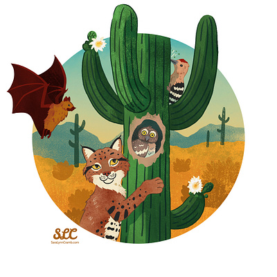 Desert Southwest Ecosystem adobe fresco animals bat bobcat cactus desert ecosystem educational illustration flower illustration kidlitart nonfiction owl saguaro sciart southwest woodpecker