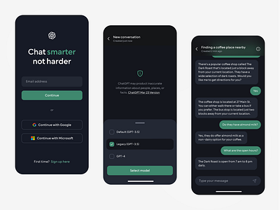 Chat GPT - Mobile App Concept ai button chat chat bot chatgpt checkbox communicator conversation dark mode drawer green list login message message bubble messenger selection signin signup text field