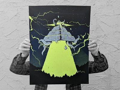 Eldritch Progenitors abduction alien illustration lovecraft occult octopus pyramid screenprint tentacle ufo