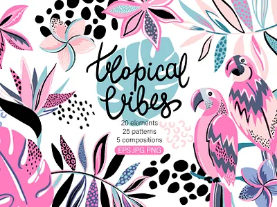 Tropical vibes collection. Seamless patterns, posters, elements abstract bird design fabric flowers graphic design illustration lettering palm paradise parrot pattern print sticker summer t shirt tropical vector wallpaper