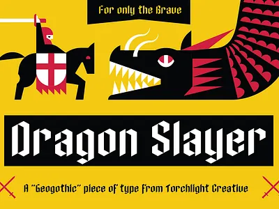Dragon Slayer Font attack black blackletter bold display display font dragon font geometric gothic hunt hunting knight medieval primary colors red sword type typeface yellow