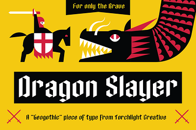 Dragon Slayer Font attack black blackletter bold display display font dragon font geometric gothic hunt hunting knight medieval primary colors red sword type typeface yellow