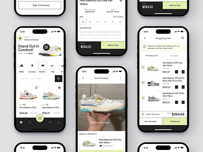 SNKR - Scan Product Flow clean concept detail product green homepage marketplace mobile app newbalance product checkout product design scan product scan product sneakers scaning flow scaning process shoes mobile apps shoes store ui user interface white