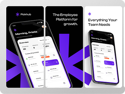 Pickhub HR - App Store Assets app app design app store appstore asset store attendance company employee employee app employee management face recognition hr hrd hris hrmanagement human resource management mobile app purple saas