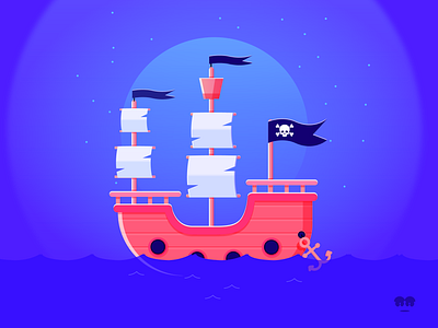 Pirate Ship cartoon clean design doodle graphic graphic design icon illustration illustrator moon pirate pirate ship sea sky toon vector water