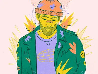 The music is on fire benito colors design fire hat illustration jacket latino power procreate purple smile sparks tribute world