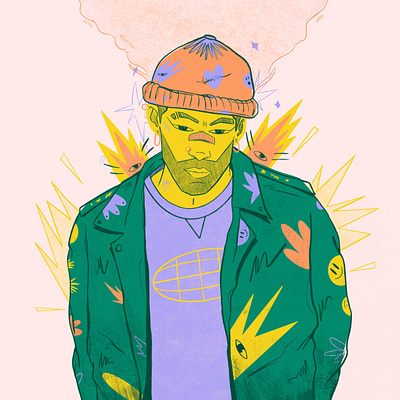 The music is on fire benito colors design fire hat illustration jacket latino power procreate purple smile sparks tribute world