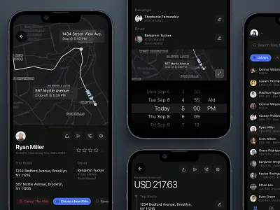 Transportation Dispatcher Mobile App admin app dark mode dark ui delivery dispatcher gps logistics lyft mobile mobile dashboard night mode product design rides rideshare shipping transportation uber ui ux