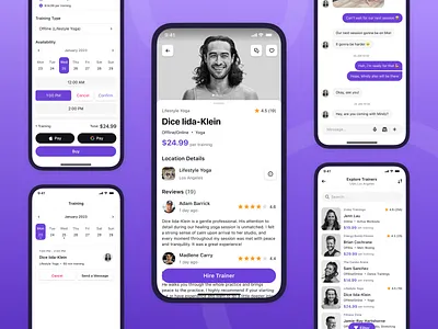 Hire a Trainer - Mobile Gym App app apple booking calendar fitness form ios messages mobile payment personal purple reviews sport trainer training ui ux yoga