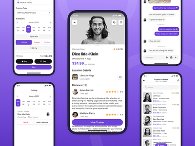 Hire a Trainer - Mobile Gym App app apple booking calendar fitness form ios messages mobile payment personal purple reviews sport trainer training ui ux yoga