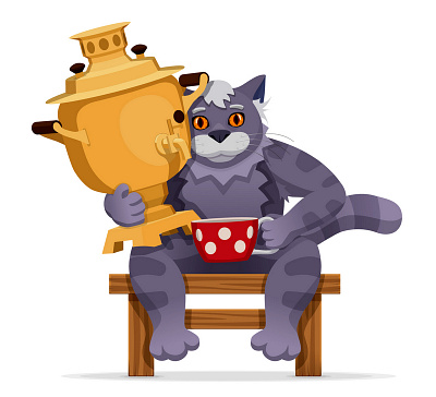 A gray cat with a samovar cap cat fairytale gray illustration red samovar