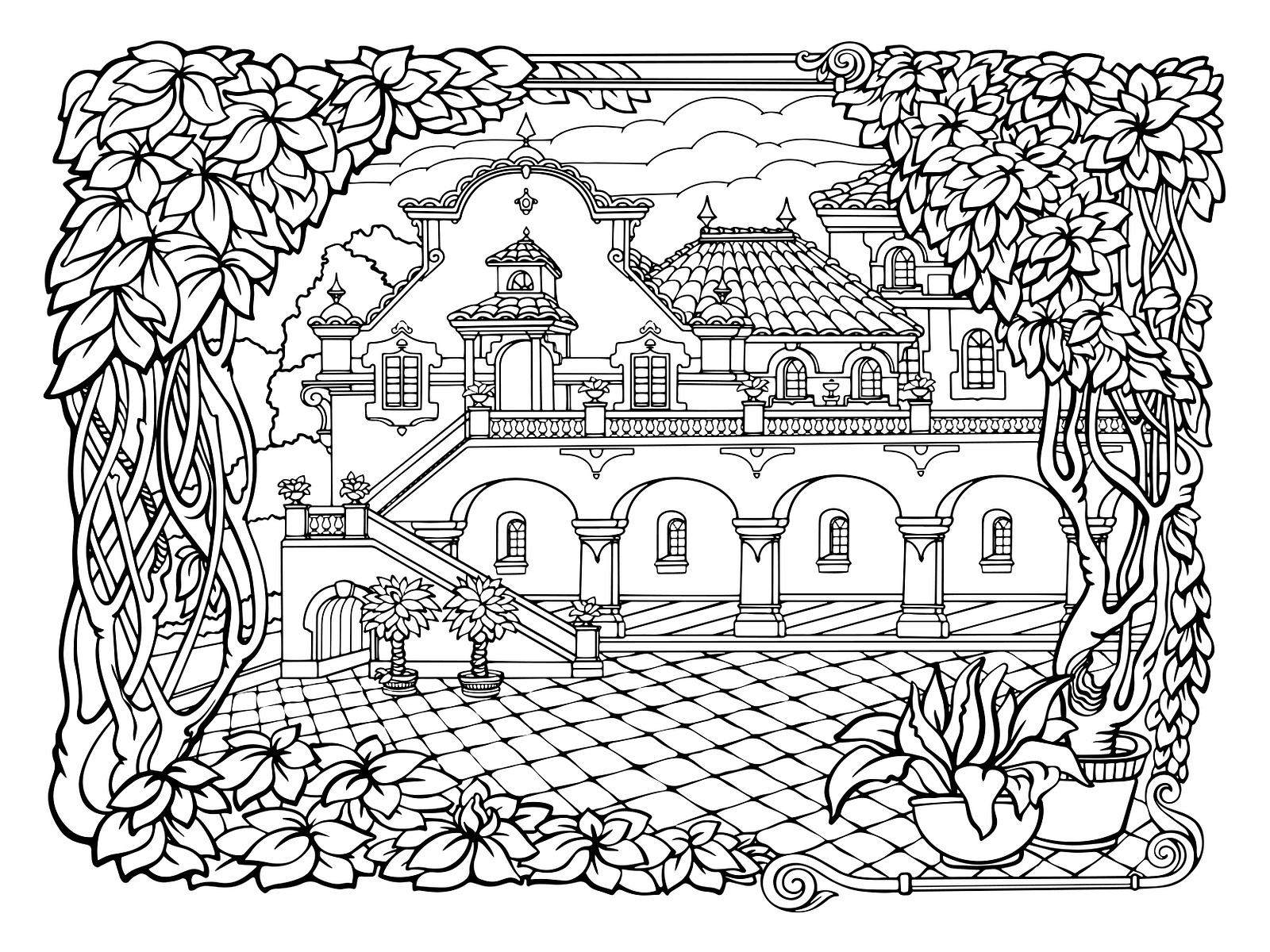 Little Cozy Town. Printable coloring page for adults. Vector. by VYArt