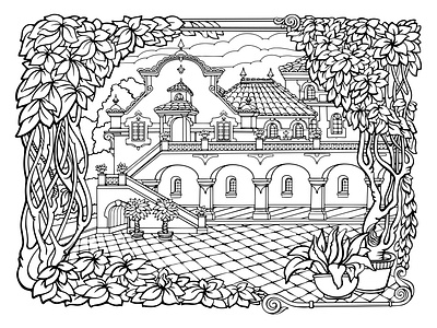 Little Cozy Town. Printable coloring page for adults. Vector. little cozy town