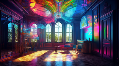 Splashy colours universe architecture graphic design hyper realistic illustration interior