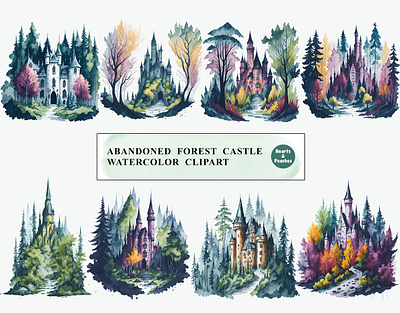 Abandoned Forest Castle Watercolor Clipart castle clipart design digital art digital download forest forest castle graphic design png watercolor watercolor clipart watercolor illustration watercolor painting