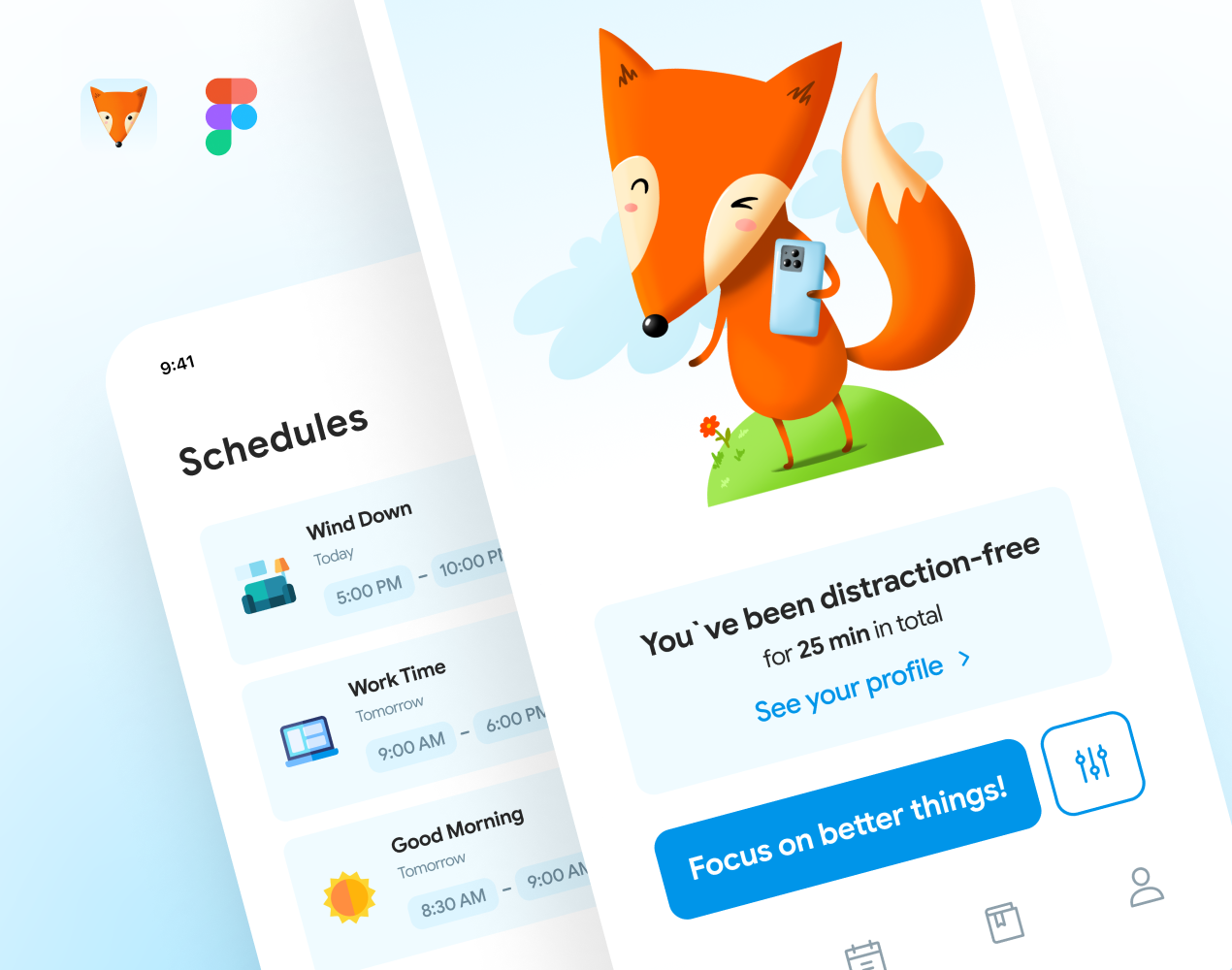 Focus UI android fox interface ios management mobile relax save time ui work yoga