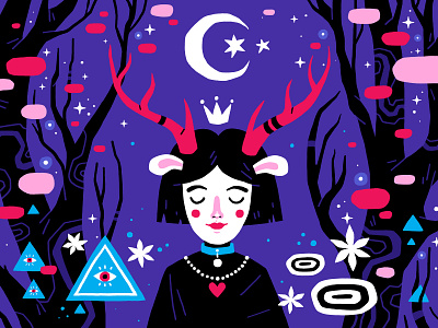 Deer princess art cartoon drawing fantasy flat girl illustration magic night princess