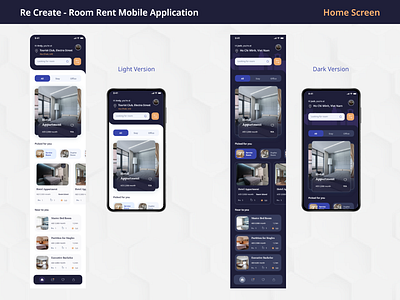 Re Create - Room Rent Mobile Application app branding case study cross collaboration design graphic design logo prototyping typography ui user interface ux visual design wireframe