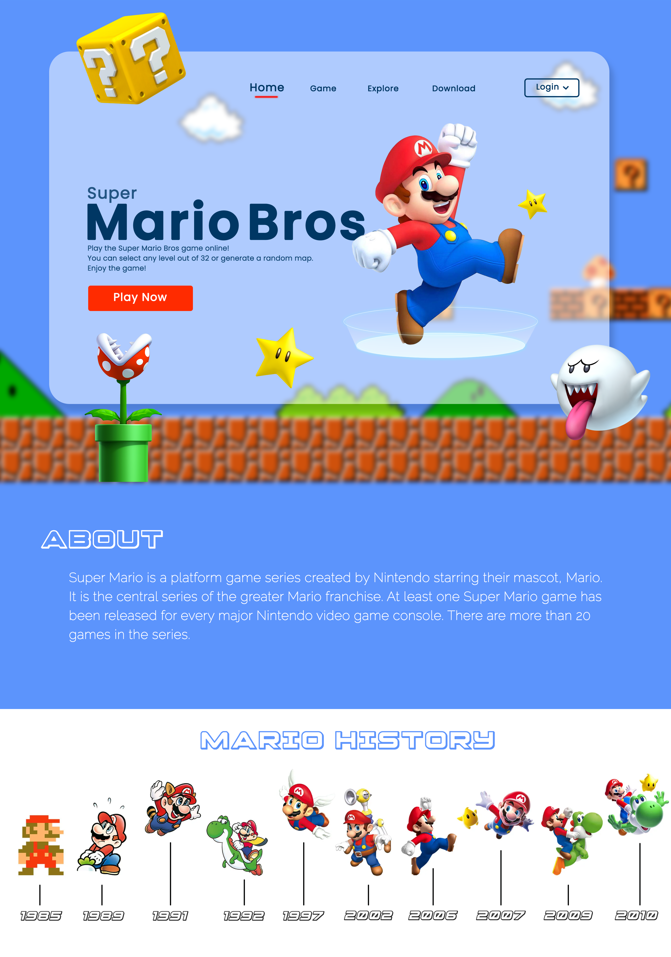 Super Mario | Game Website Design 8 bit concept design game gamedesign graphic design illustrator nintendo photoshop pixelart retro supermario ui userinterface webdesign