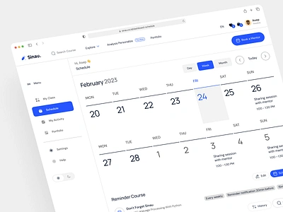 Schedule Page - Sinau Course Online agenda booking calendar case study clean dashboard design event figma management mentee mentor productivity reminder schedule session timeline ui uikit ux